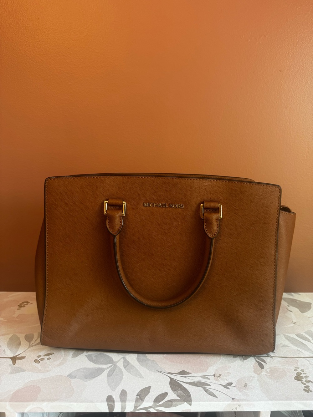 Michael Kors Tan Saffiano Leather Satchel with Gold Hardware